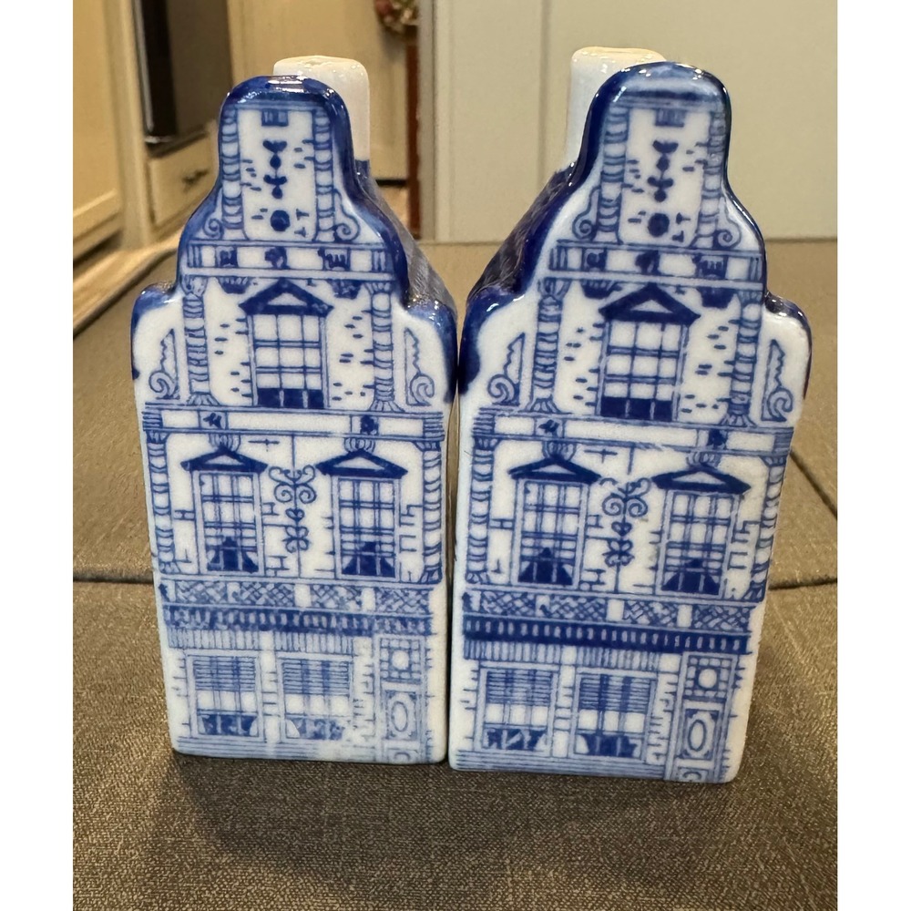 Delft Blue Ceramic Salt and Pepper Shakers Dutch Canal House Set Hand Painted